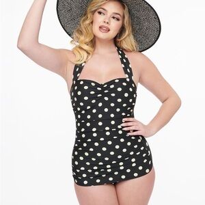 Esther Williams Classic Sheath Black Polka Dot Ruched Halter One Piece 18W
